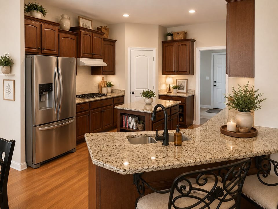 Spacious gourmet kitchen with granite island and modern appliances.