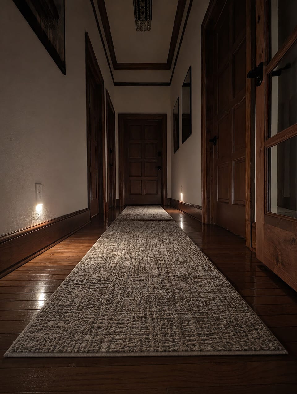 Main hallway with art and chandelier with night lighting.