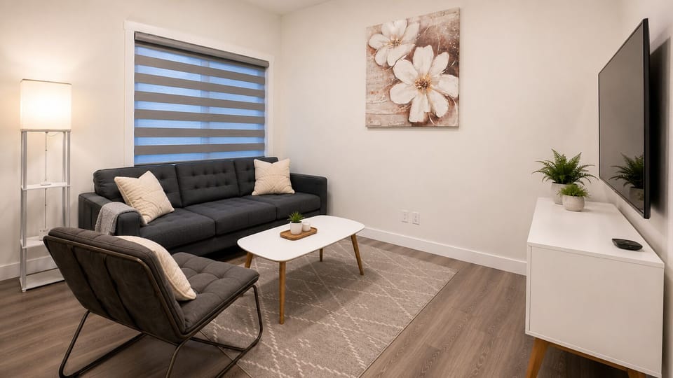 Bright modern lounge with TV, stylish seating, and cozy decor