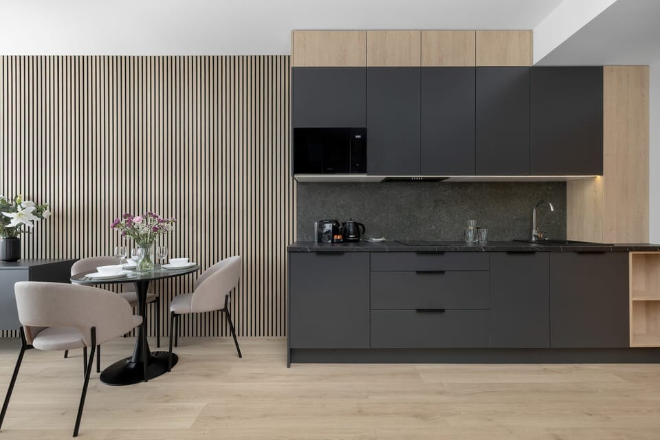 Modern kitchenette with integrated appliances and a functional open-plan layout.