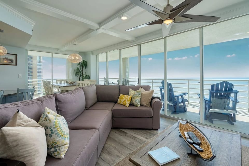 Amazing views from Living room area with fireplace, large TV and balcony access