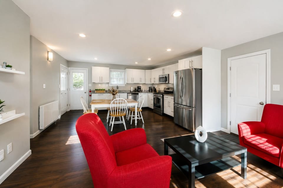 Bright open-concept kitchen and lounge with stylish modern finishes