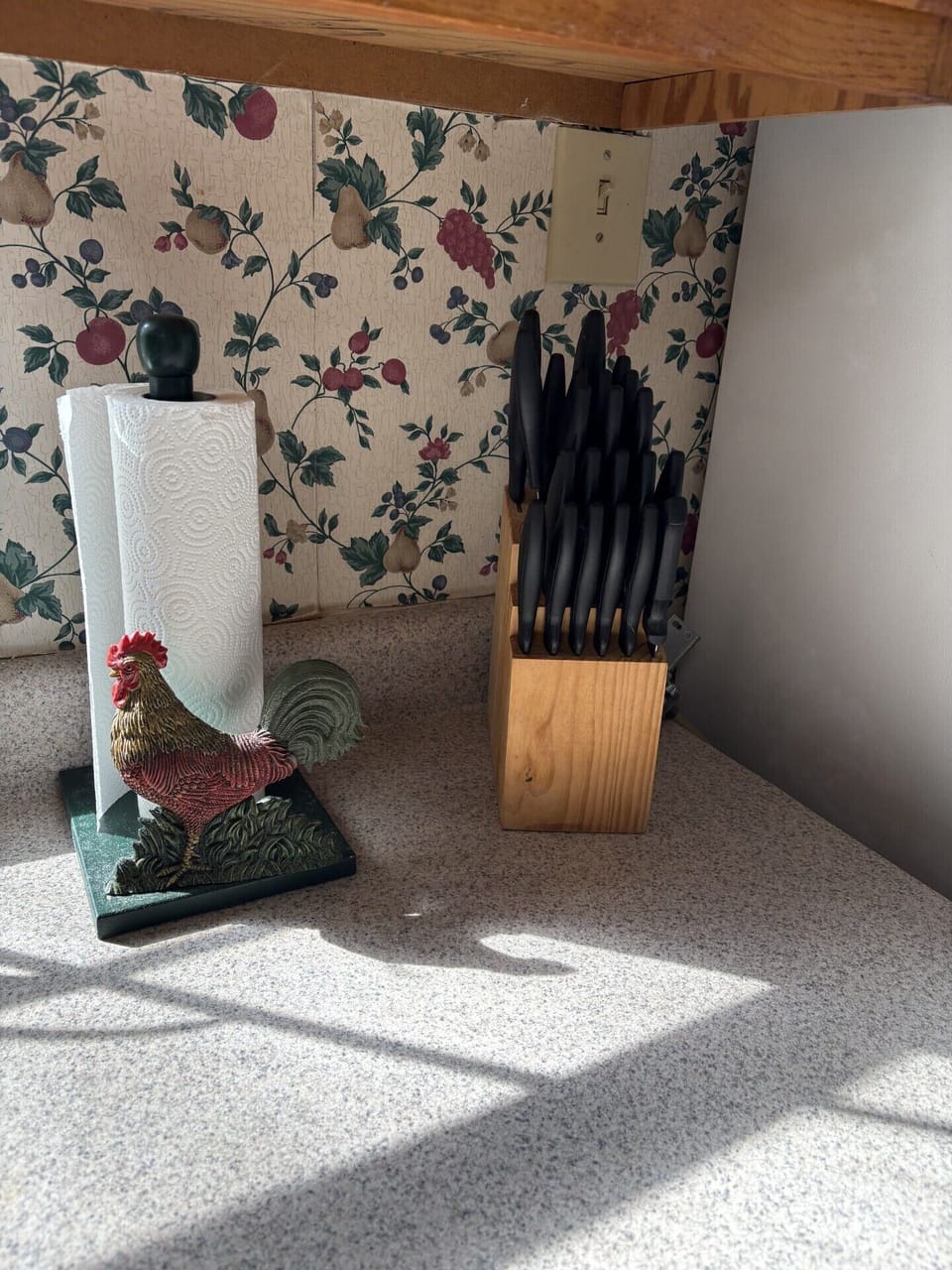 Sunny, country-style counter with full knife set and paper towels