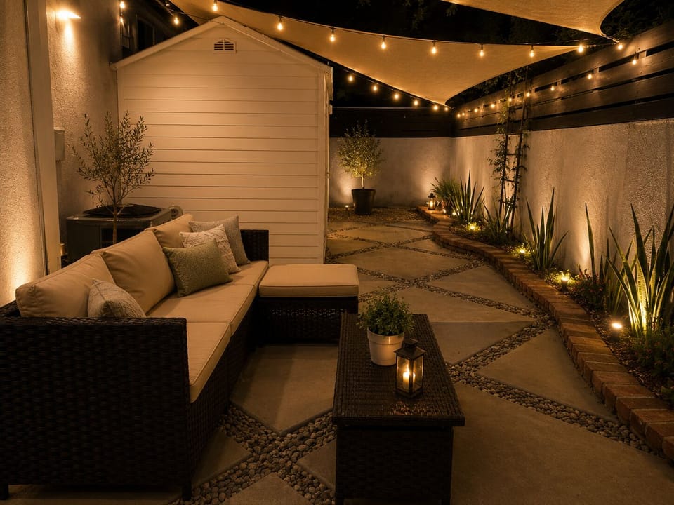 Cozy private patio with string lights and stylish lounge seating
