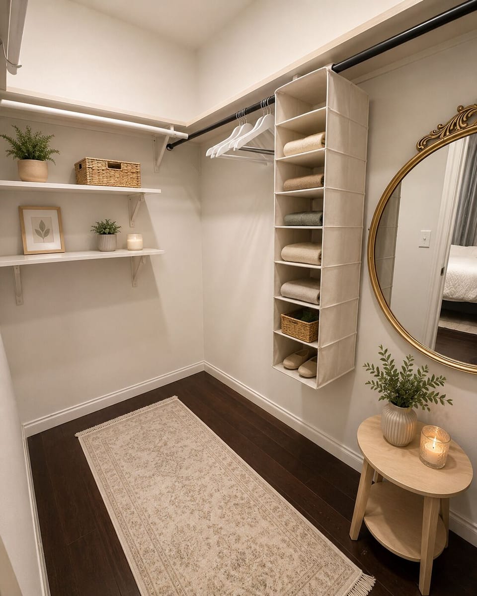 Spacious walk-in closet with stylish storage and a full-length mirror feel