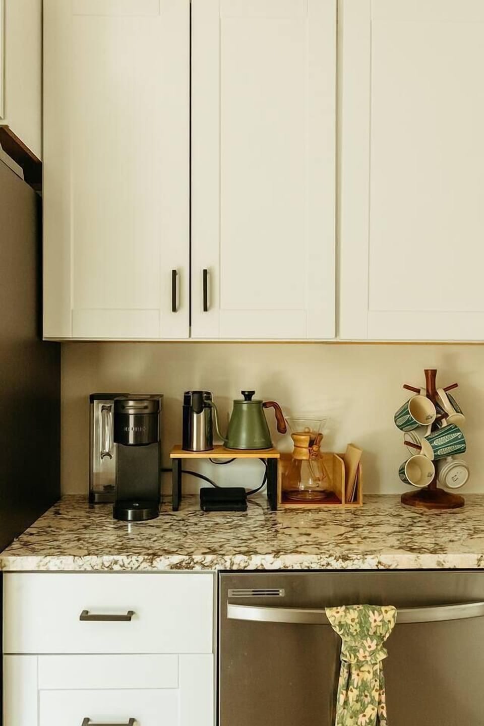 For those that need quick and easy coffee in the morning, a Keurig and pods are available. For those 'craft' coffee and tea guests, you will find a french press, coffee grinder, Chemex brewer, digital scale, goose neck kettle and assortment of teas. 