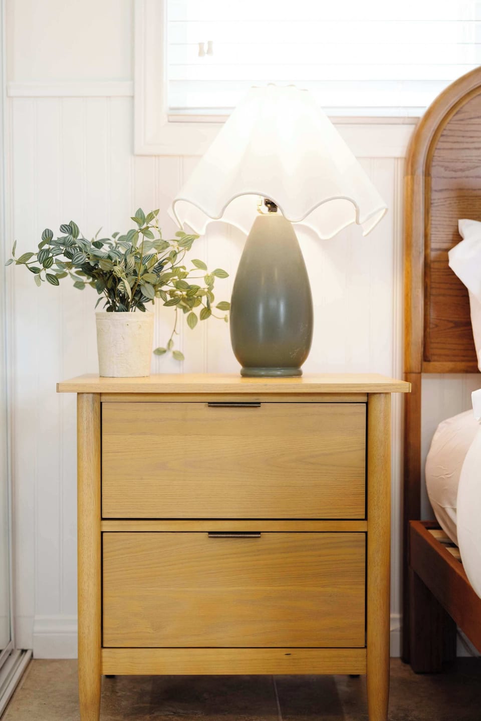 Stylish nightstand details and cozy lighting