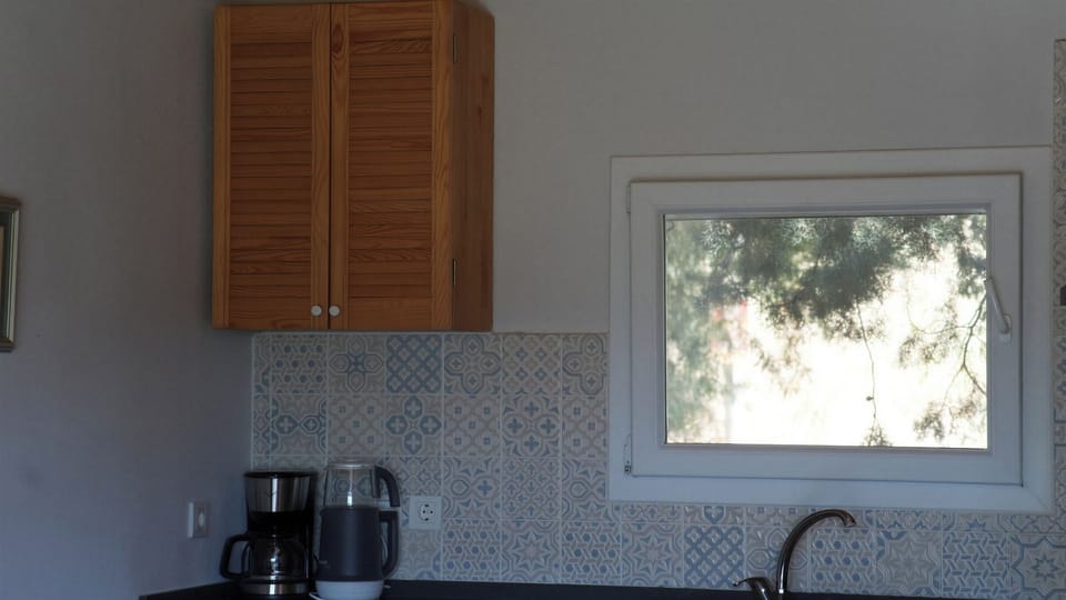 Kitchen counter with a coffee maker, an electric kettle, and a bright window.
