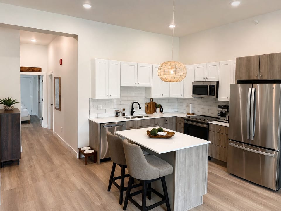 Modern chef’s kitchen with island seating and sleek stainless appliances