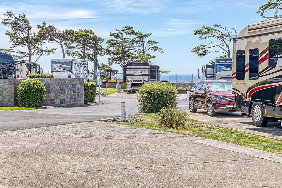 A well-maintained coastal RV park with spacious paved sites, mature windswept trees, and ocean views creates an ideal basecamp for relaxation.