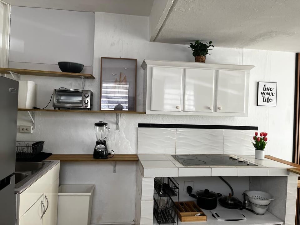 Kitchen with full refrigerator, pots and pans, utensils, plates, cups, mugs, etc