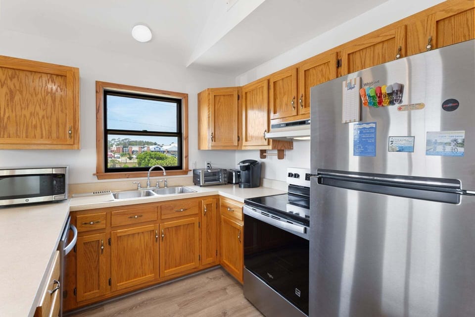The fully equipped kitchen provides everything needed for preparing meals during your stay.