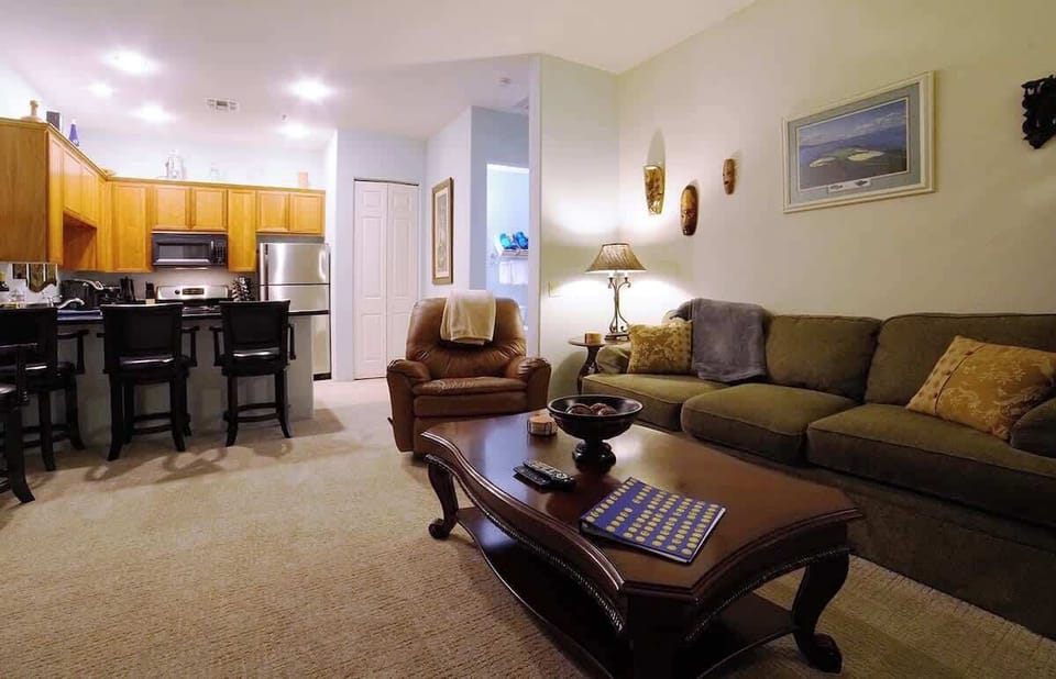 Open concept living room with a sofa bed for extra comfort