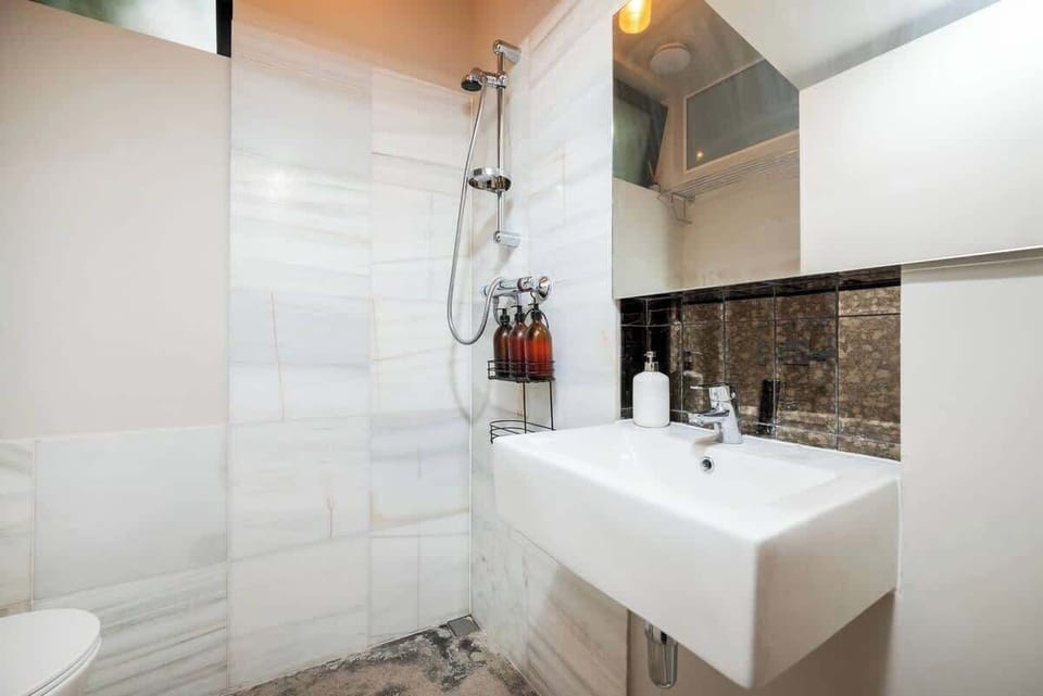 Pictured is the bathroom, with the toilet on the left-hand side and the shower on the right. Note this is a wet room, with no seal around the shower, and the water drains directly into the corner pictured. 
