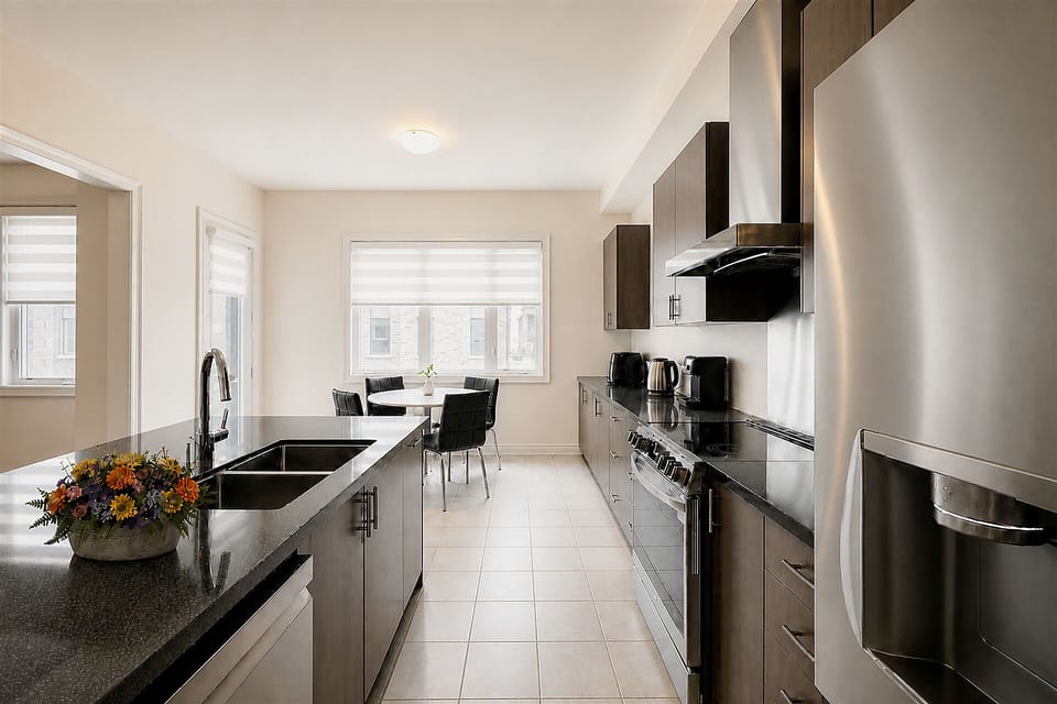 Bright modern kitchen with island, stainless appliances, and sunny dining nook