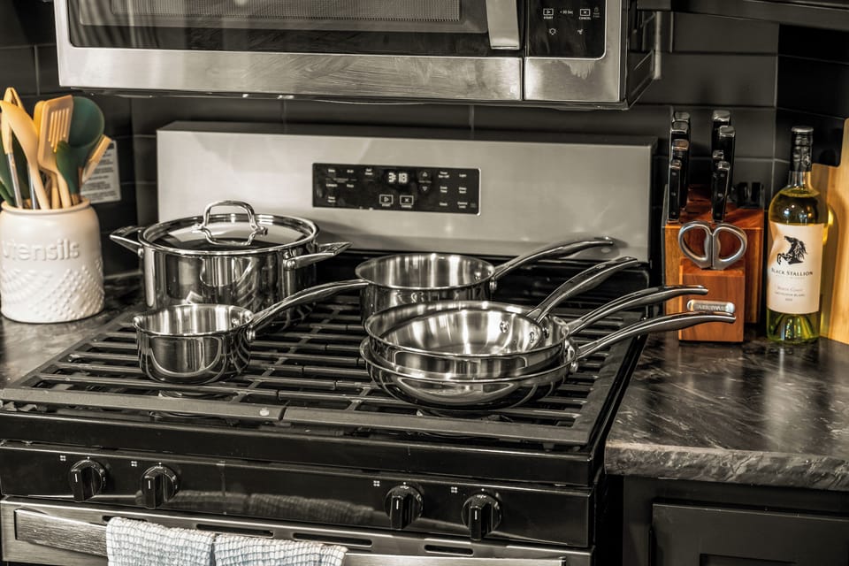 Cook whatever you packed for — the pots and pans are already staged and waiting on the stove.