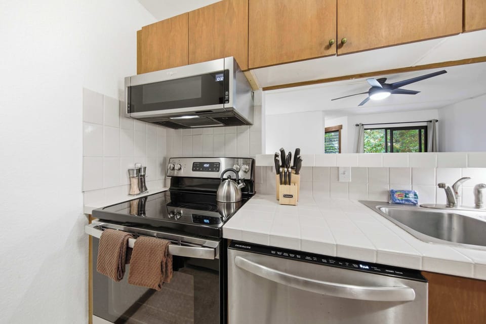 Modern upgraded kitchen fully stocked with what you need for cooking your own meals