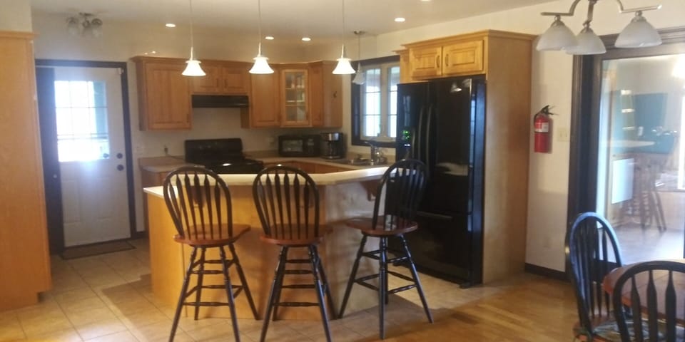 View of kitchen and island.