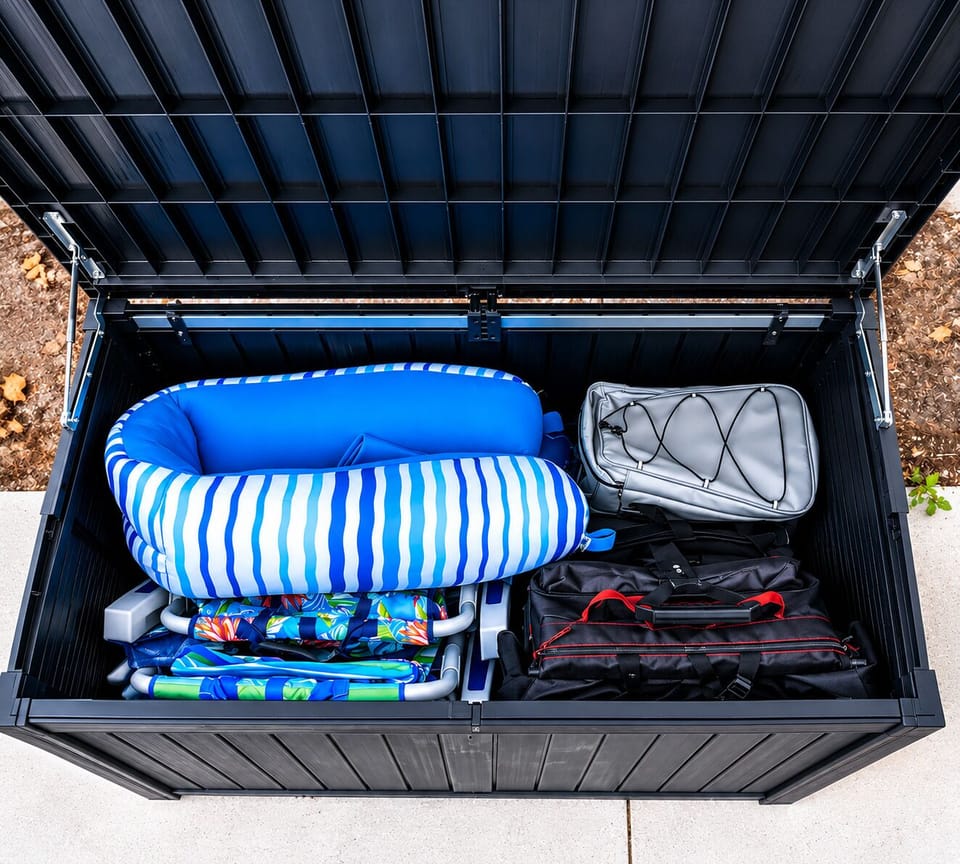 Spacious outdoor storage box stocked for pool and beach day essentials