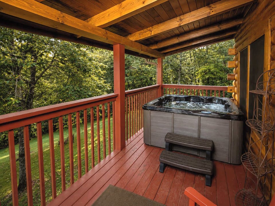Covered Hot Tub Deck | Surrounded by Trees and Fresh Mountain Air