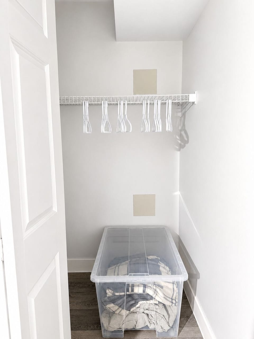 Closet is in the living room. The container contains extra linens and towels.