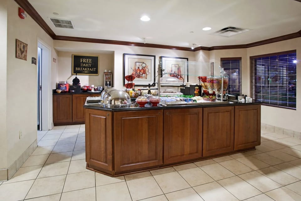 Daily free breakfast buffet with hot food selections.
