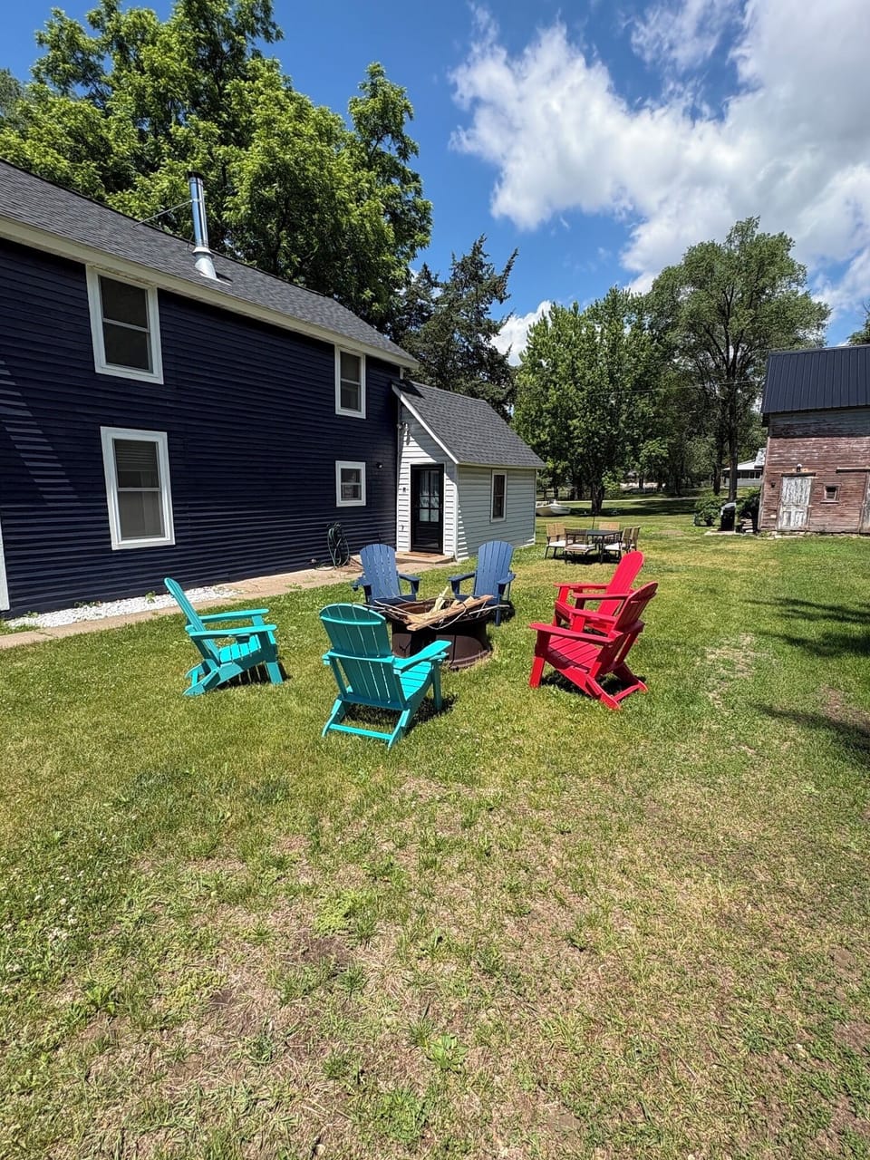 Outdoor fire pit; also outdoor dining table + 6 chairs and gas grill