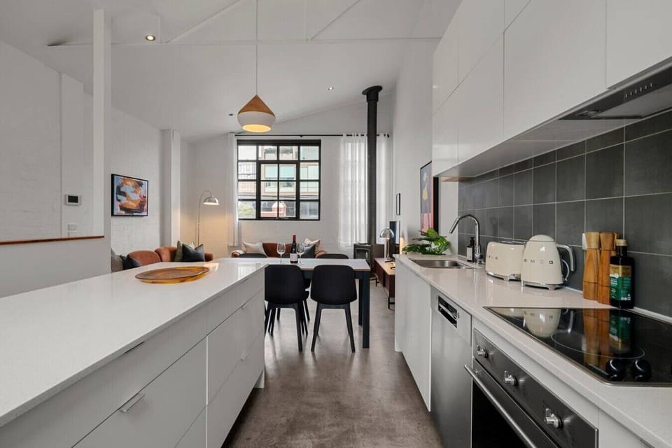 A huge open-plan kitchen, dining, living area.