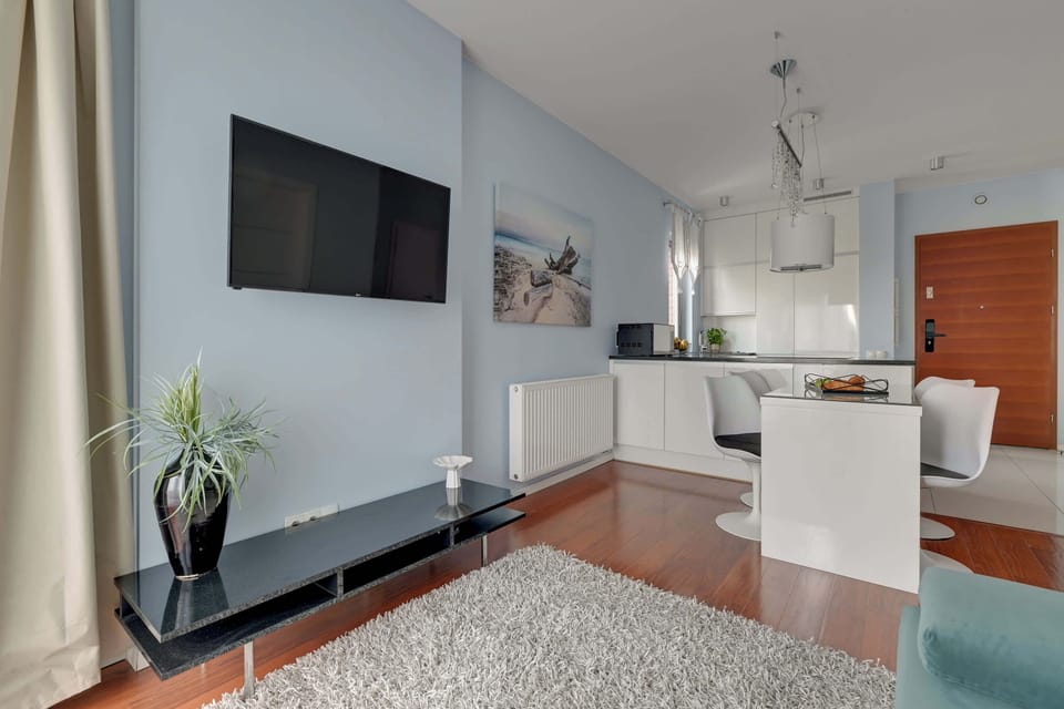 Elegancki i jasny salon został urządzony z dbałością o komfort i estetykę wnętrza. Znajduje się tu wygodna rozkładana sofa usytuowana naprzeciw telewizora z kanałami kablowymi oraz funkcją Smart TV.