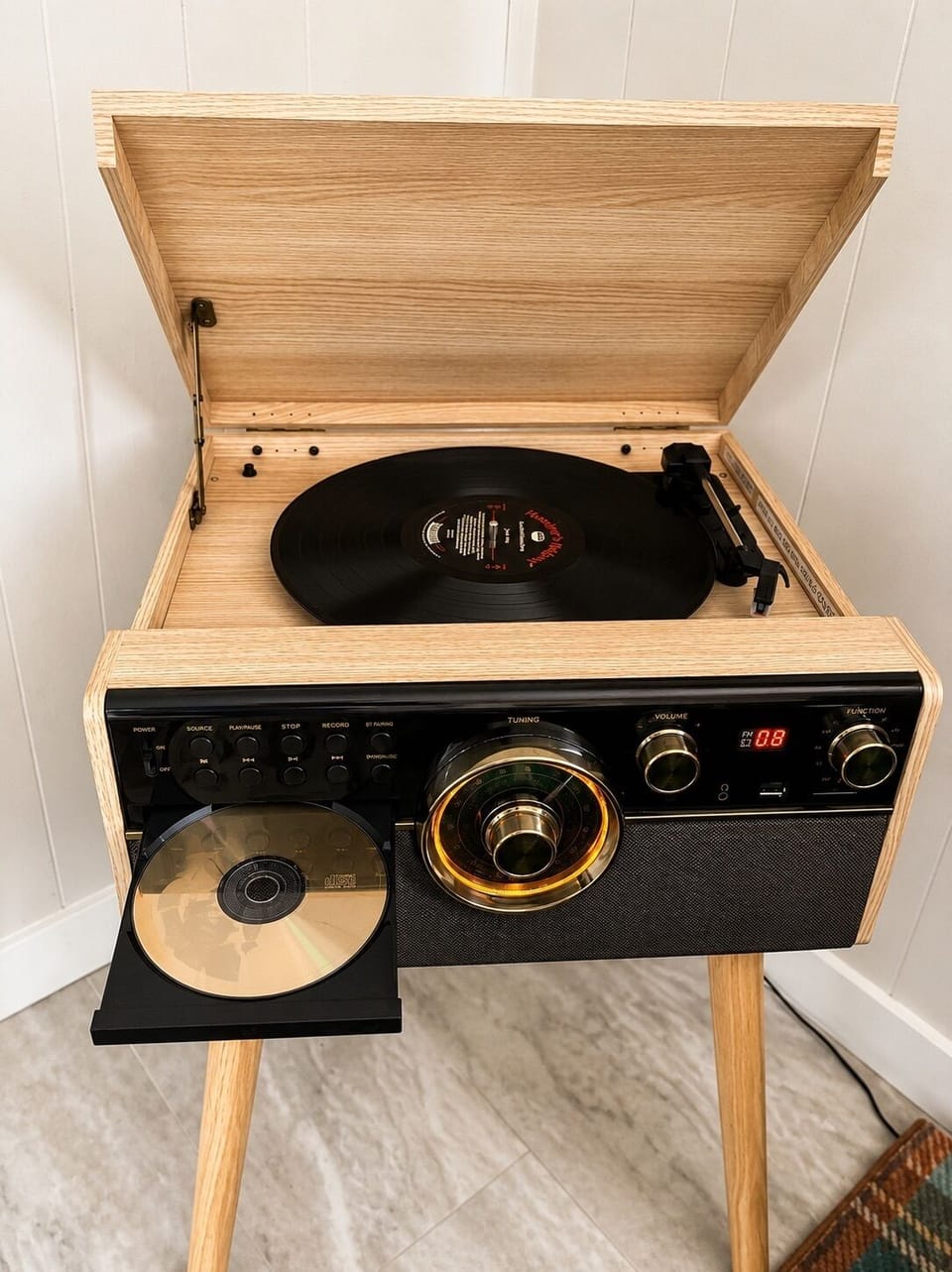 Retro record player console with vinyl, CD, and radio. Your kids might know how to use an iphone, but you've got lock on this!