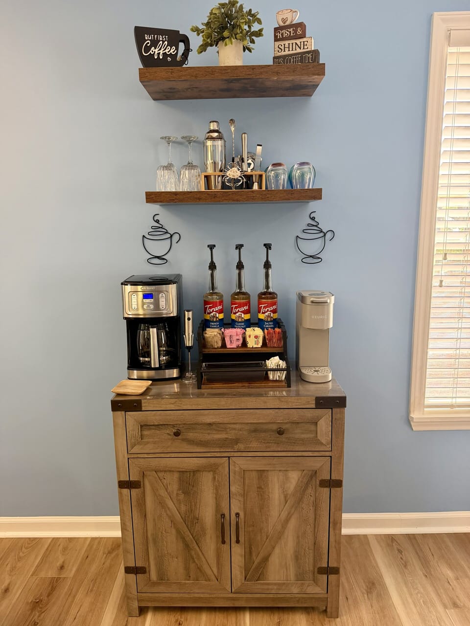 Fully stocked coffee bar and bar essentials.