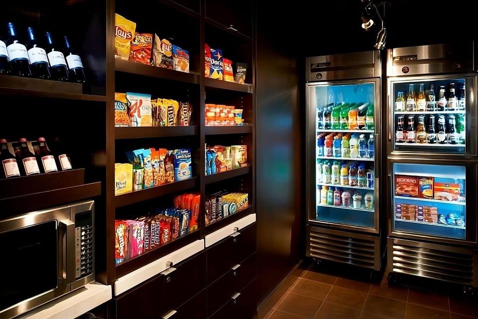 Grab late-night snacks and chilled drinks anytime you like.