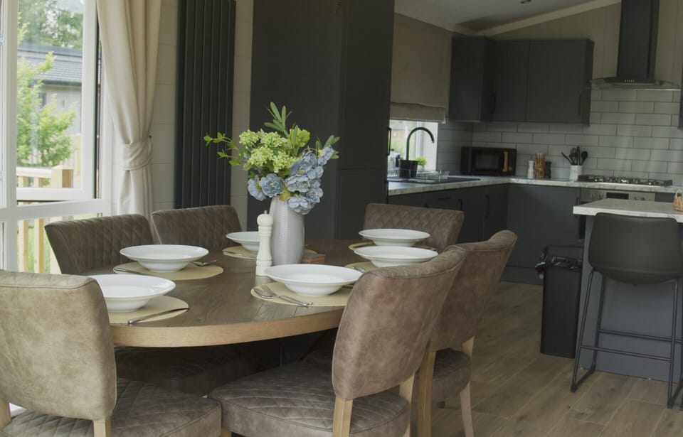 Open-plan kitchen and dining area.