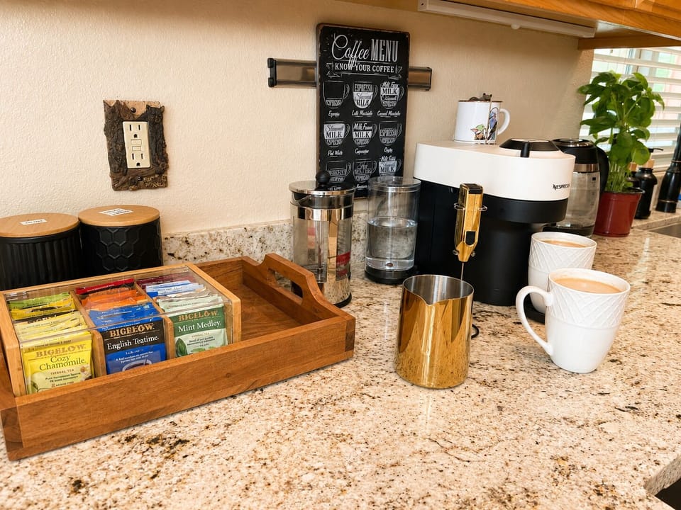 Complementary coffee station with everything you might need, from teas to the perfect blend for our Keurig coffee maker. 