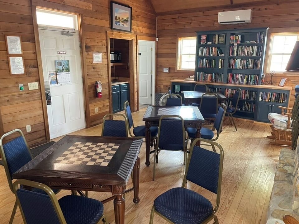 Library and game room in the River House.