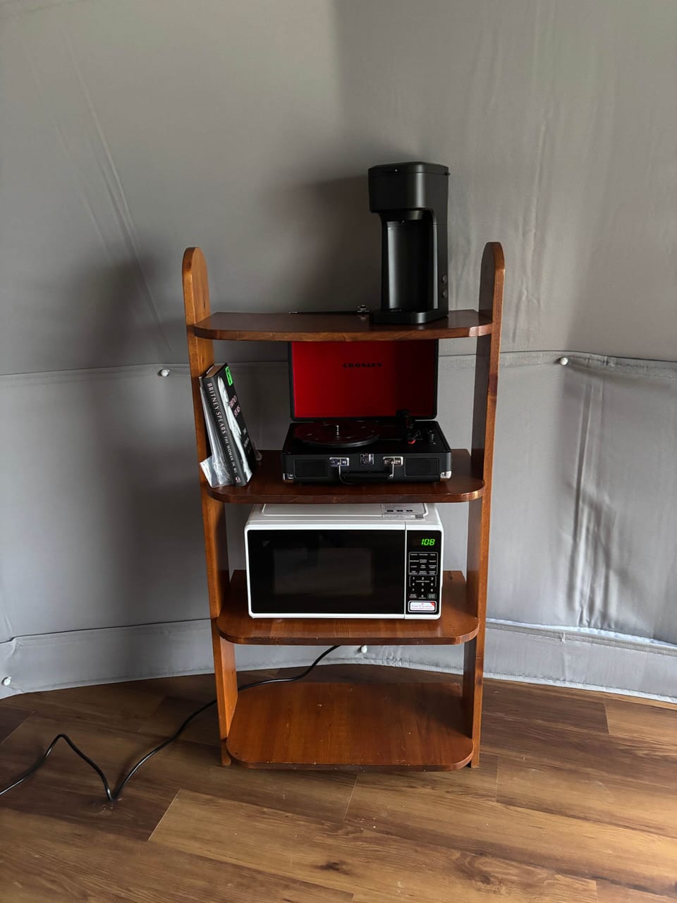 Coffee maker, books, record player with bluetooth, microwave oven, records