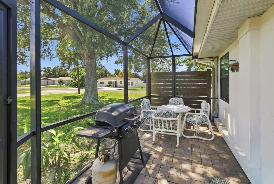 Screened patio with grill, dining set, and peaceful leafy yard views