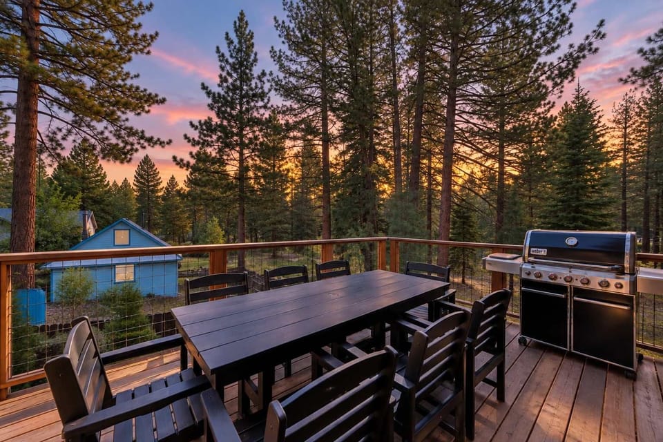 Multiple outdoor spaces give guests several places to enjoy the surrounding pine forest throughout the day.