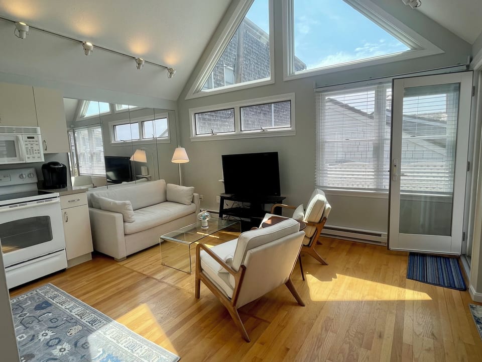 Living room with vaulted ceilings and lots of natural light (facing east)