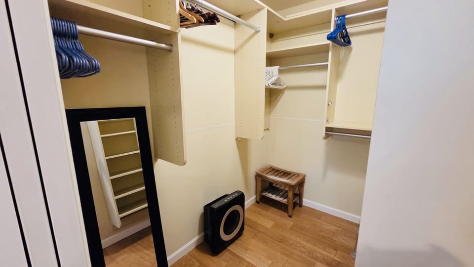 Spacious walk-in closet with plenty of storage for clothes and luggage.
