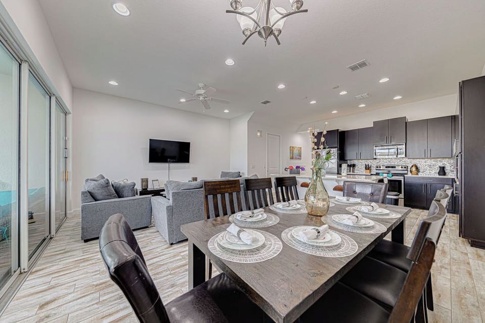 Dining, living room and kitchen