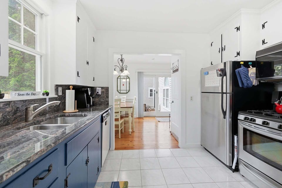 The kitchen flows seamlessly into the dining area