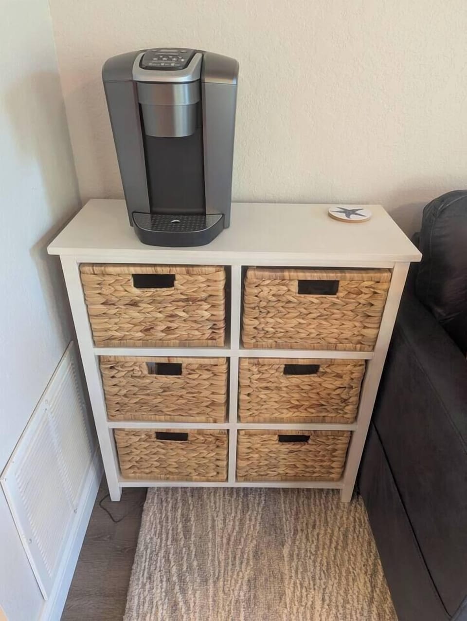 Enjoy a morning cup of coffee with the Keurig machine. K-Cups are provided as well as creamer packets and sugar.