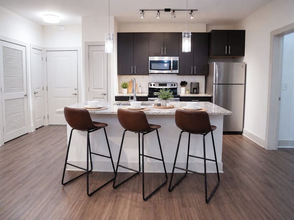     Fully equipped kitchen with island seating for three.