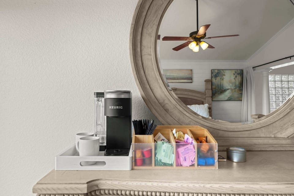 Primary bedroom, private coffee station