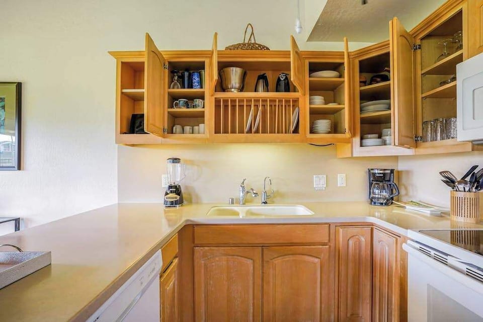 Fully Equipped Kitchen with Open Wooden Cabinets & Under-Cabinet Lighting