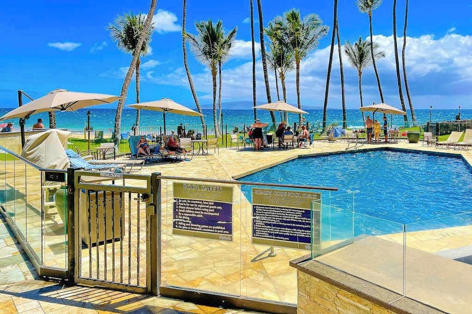 Resort pool surrounded by tropical palms