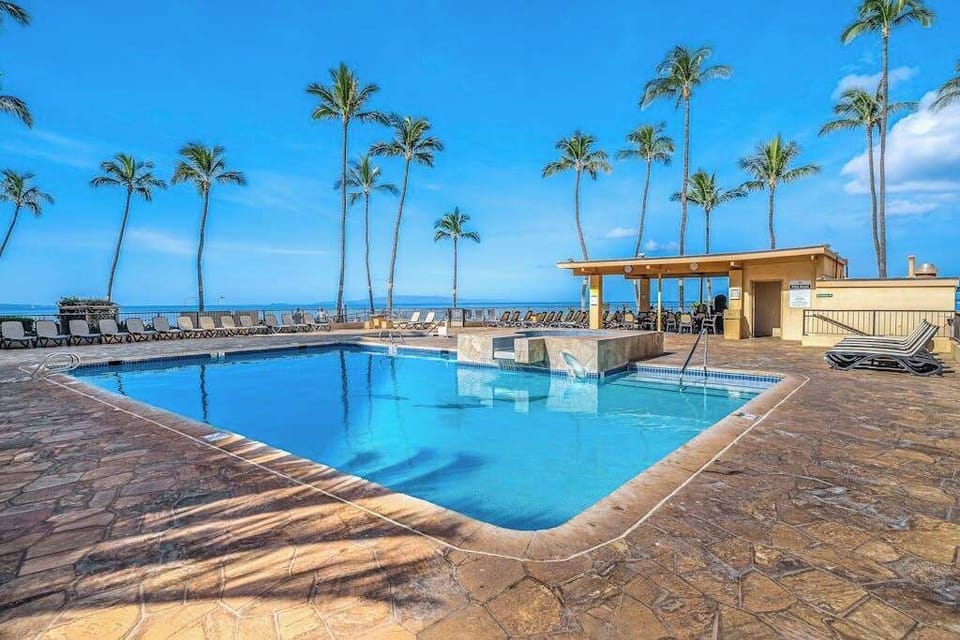 Sparkling Resort Pool Beneath Swaying Palms