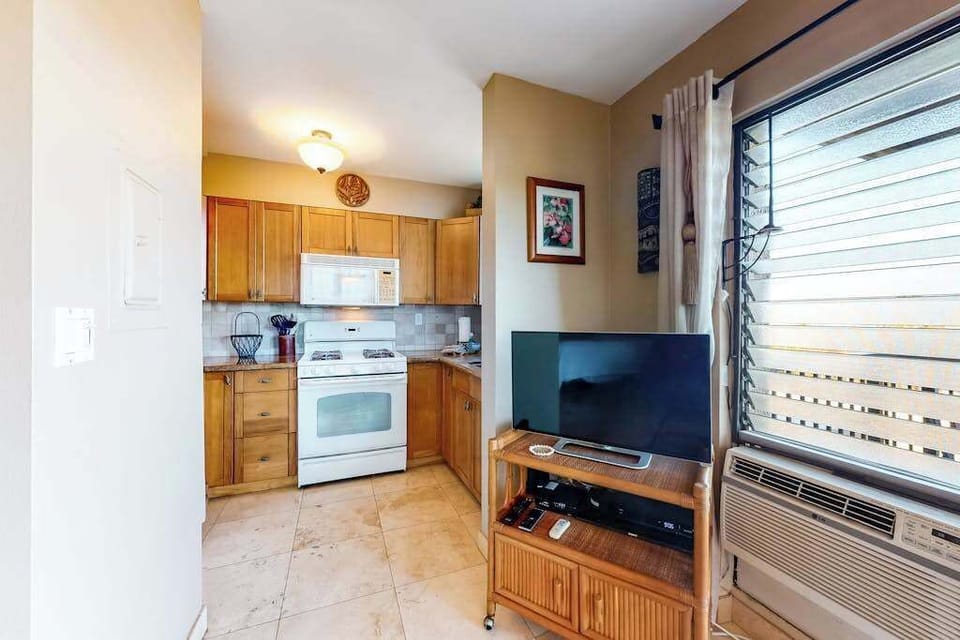 Kitchenette Area with TV Setup, Wall AC Unit, and Full Gas Range