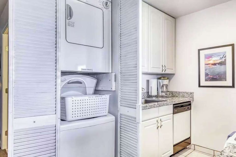 Stackable washer and dryer for your convenience, which allows you to pack lite.